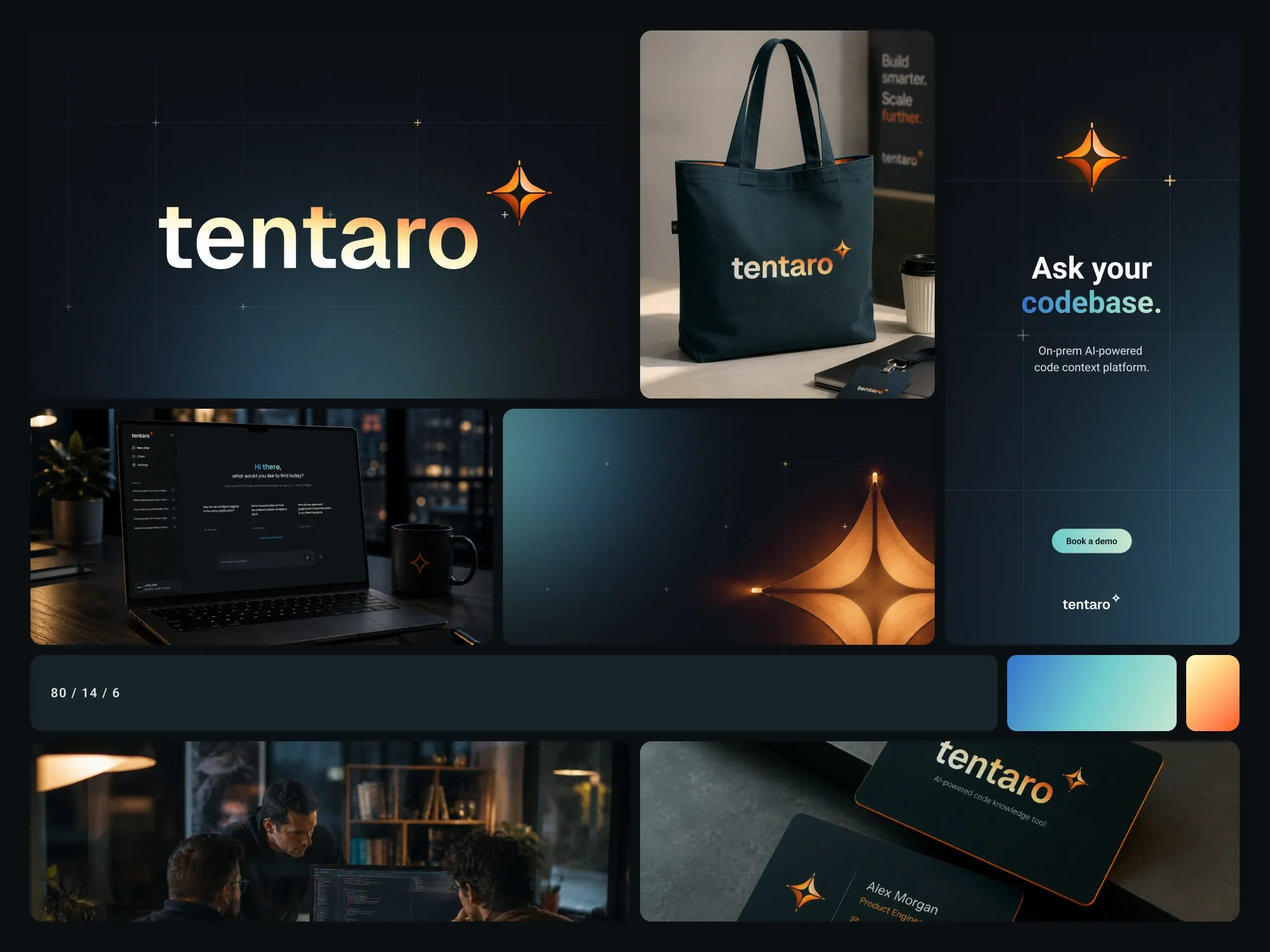 Bento collage of the Tentaro brand: gradient wordmark, branded tote, the product on a laptop at night, the colour bar, team photo and business cards