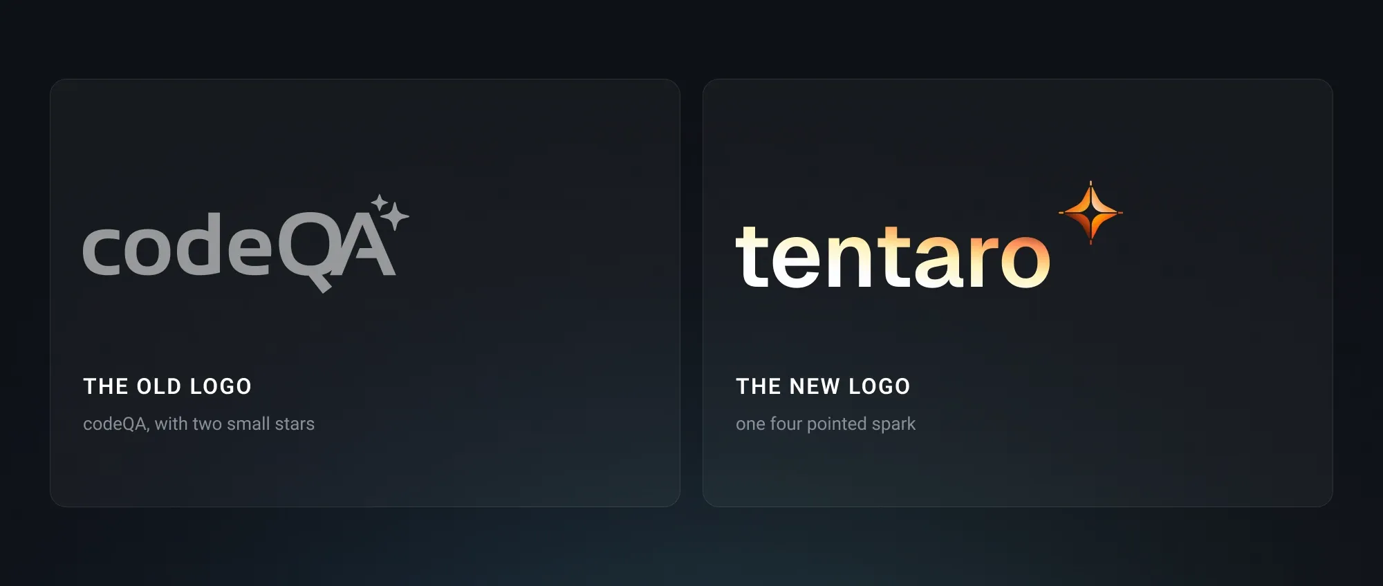 The old codeQA logo beside the new tentaro wordmark, labelled the old logo and the new logo
