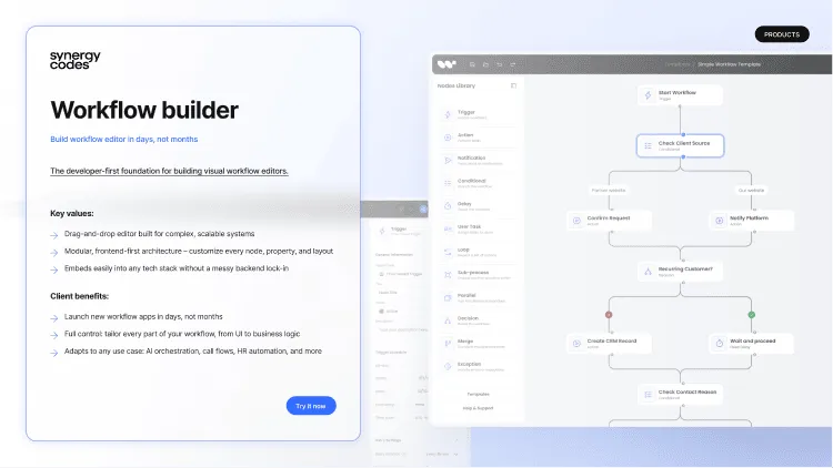 Light slide "Workflow builder" with key values and a blue "Try it now" button, beside the editor with a nodes library and a branching workflow diagram