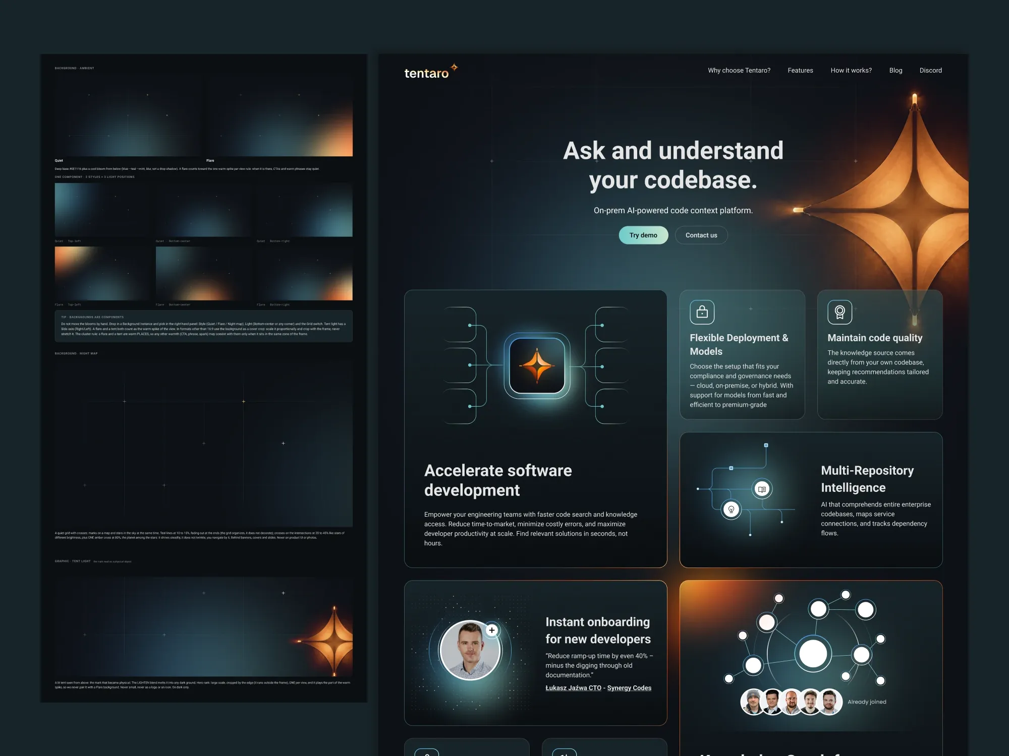 Background system: quiet and flare states lit from different directions, a starry night map grid, and the live Tentaro homepage