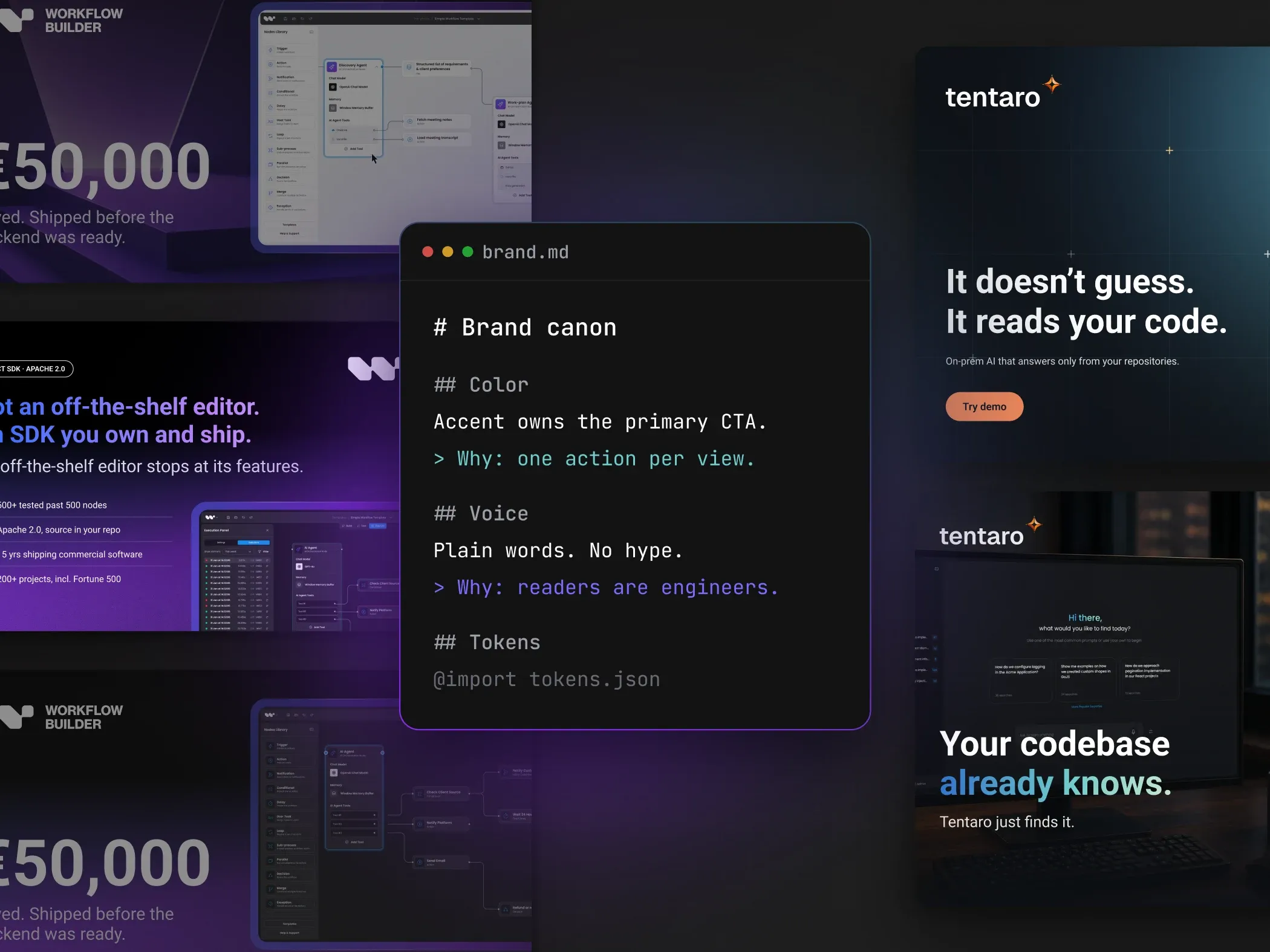 A brand.md canon file between Workflow Builder and Tentaro social posts created from it
