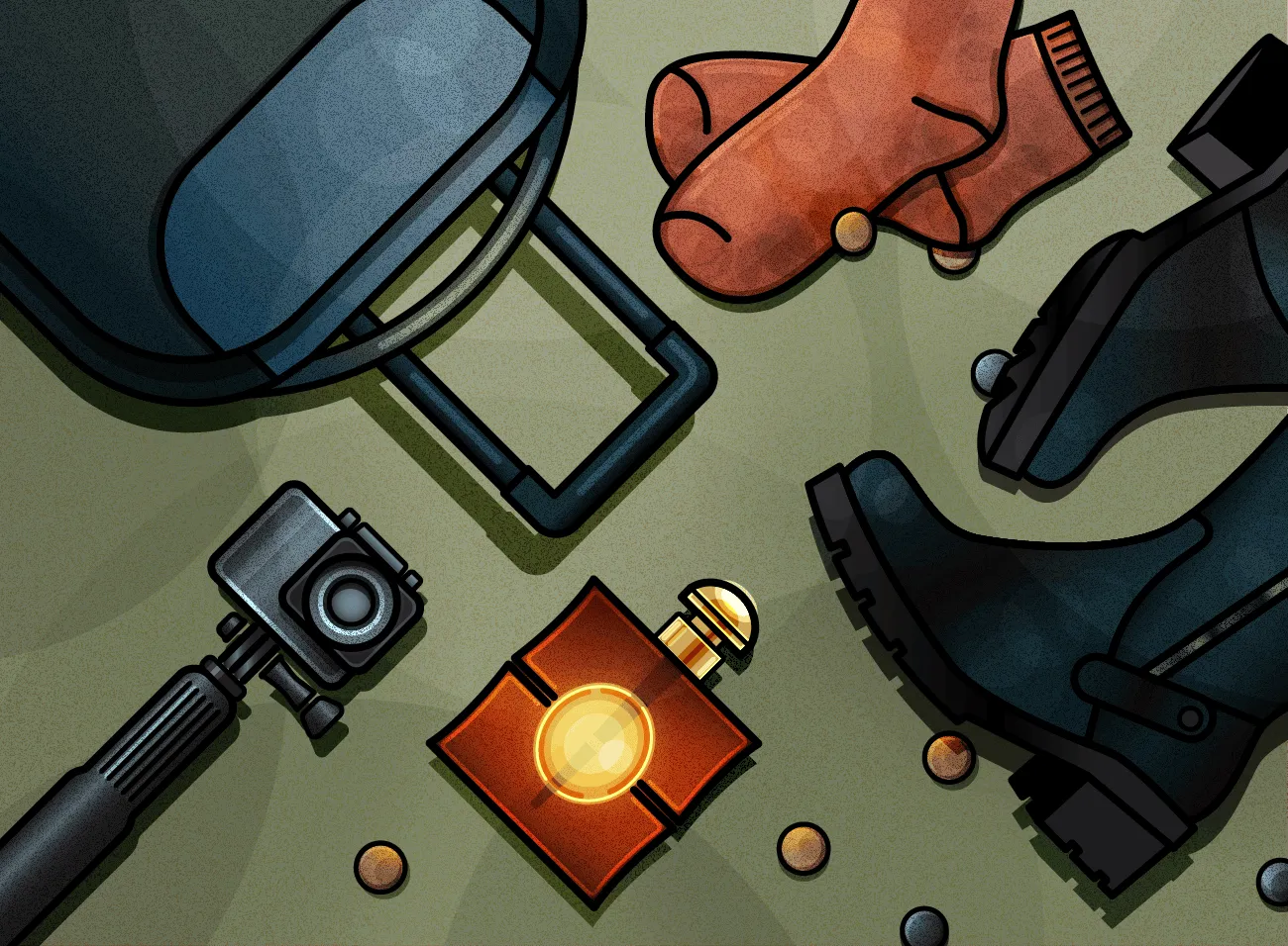 Flat lay on olive green: the red and gold bottle with a dark backpack, black boots, rust socks, an action camera on a stick and small beads