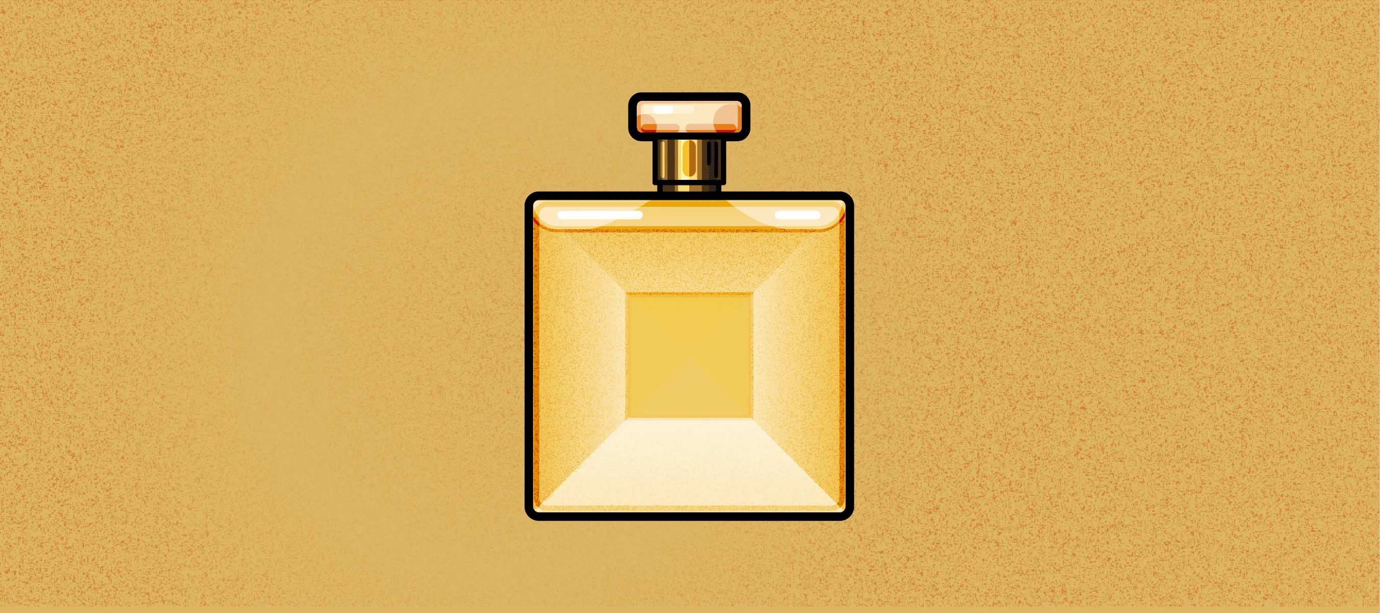 A Chanel No 5 style bottle in warm gold, drawn with thick black outlines, glossy highlights and grain on a mustard background