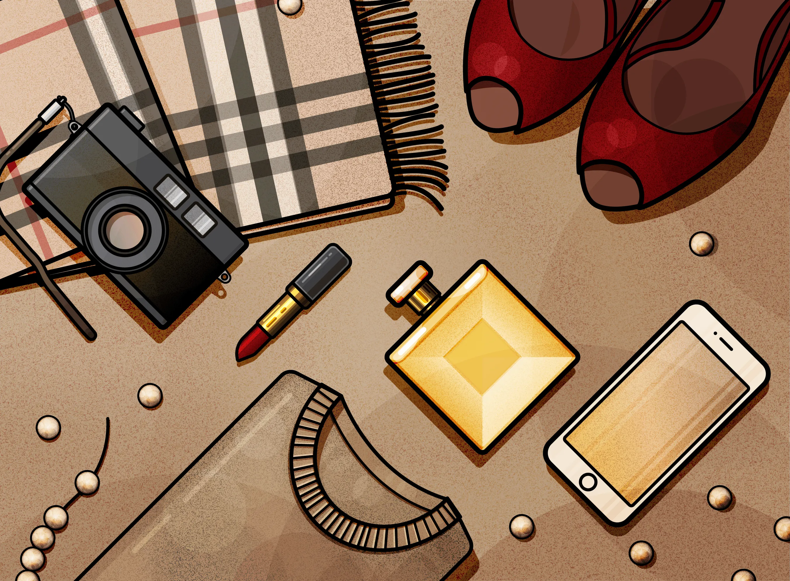 Flat lay on a beige surface: the gold square bottle beside a vintage camera, a checked scarf, red peep toe shoes, red lipstick, a phone, a sweater and pearls