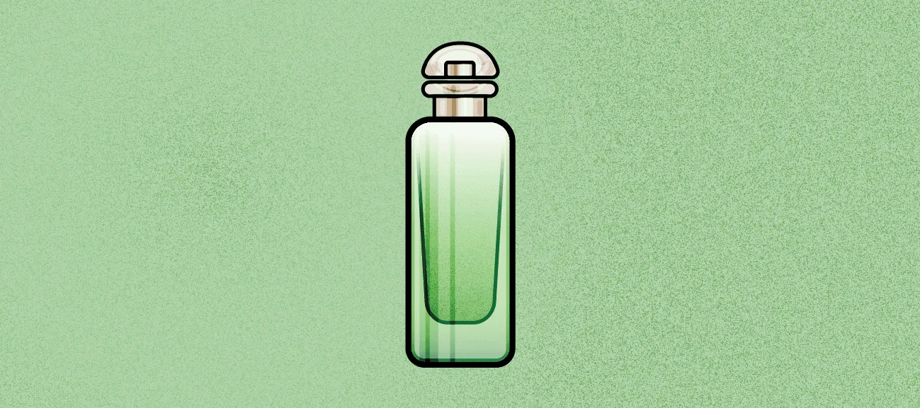 A tall Hermès Un Jardin sur le Nil style bottle in fresh light green with a cream cap, on a soft green background