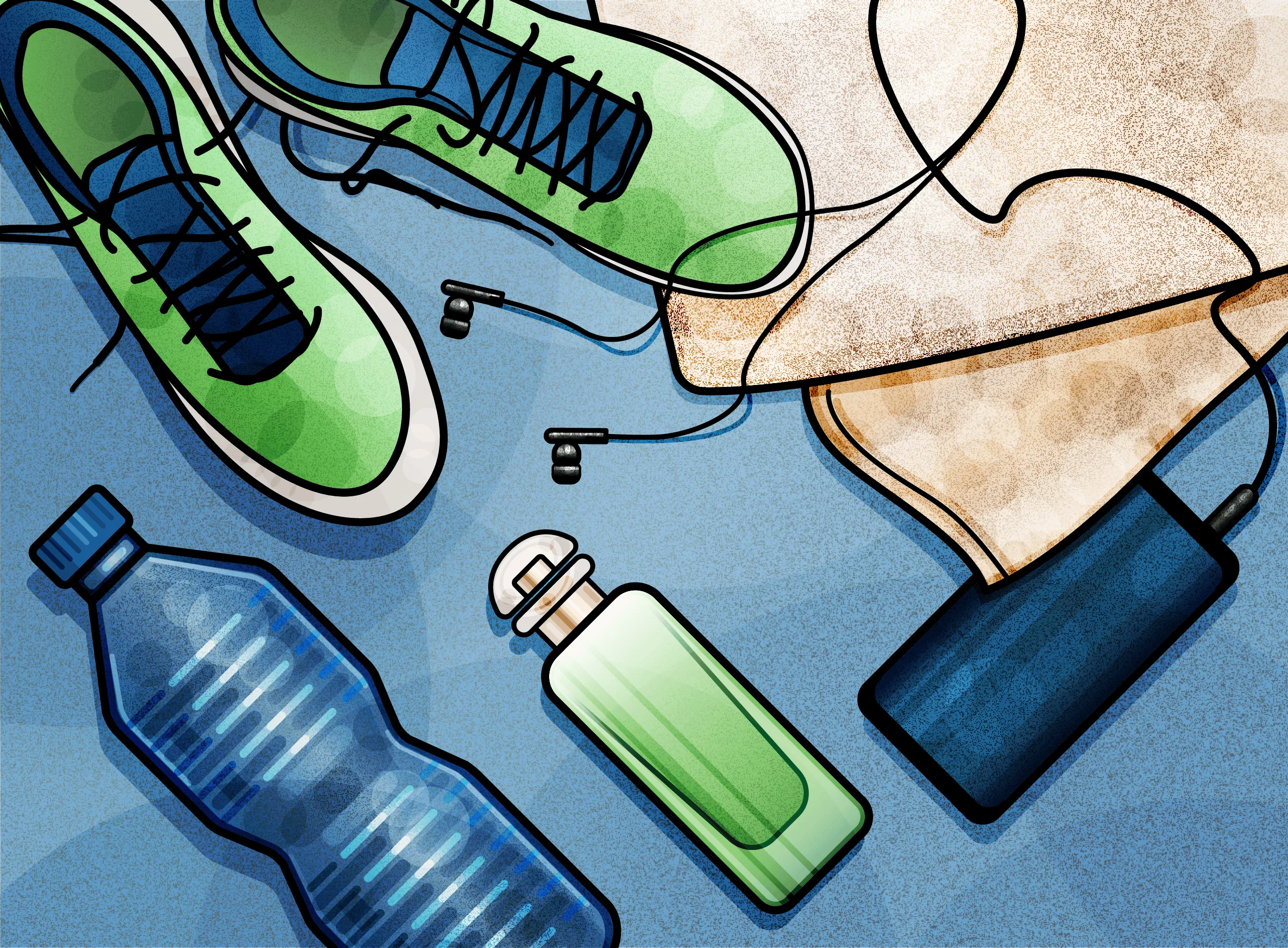 Sporty flat lay on blue: the green bottle with green running shoes, earphones, a plastic water bottle, a power bank and a beige towel