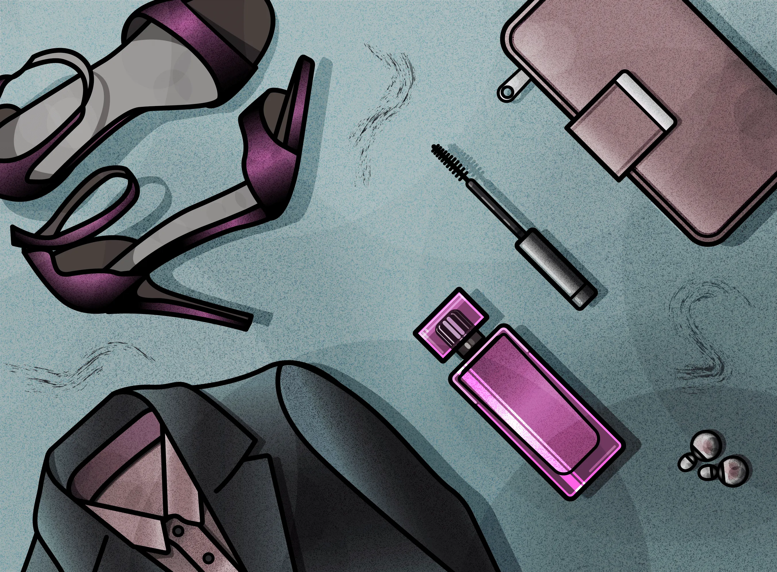 Flat lay on grey teal: the violet bottle with purple strappy heels, a dark blazer, a mascara wand, a mauve wallet and pearl earrings