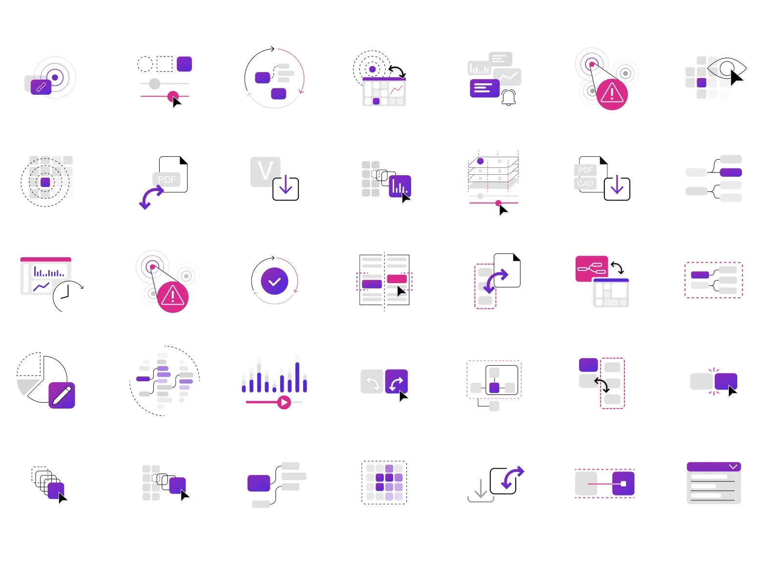 A grid of thirty-five flat feature icons in purple, magenta and light grey: alerts, charts, file import, layout, sliders and cursor interactions on white