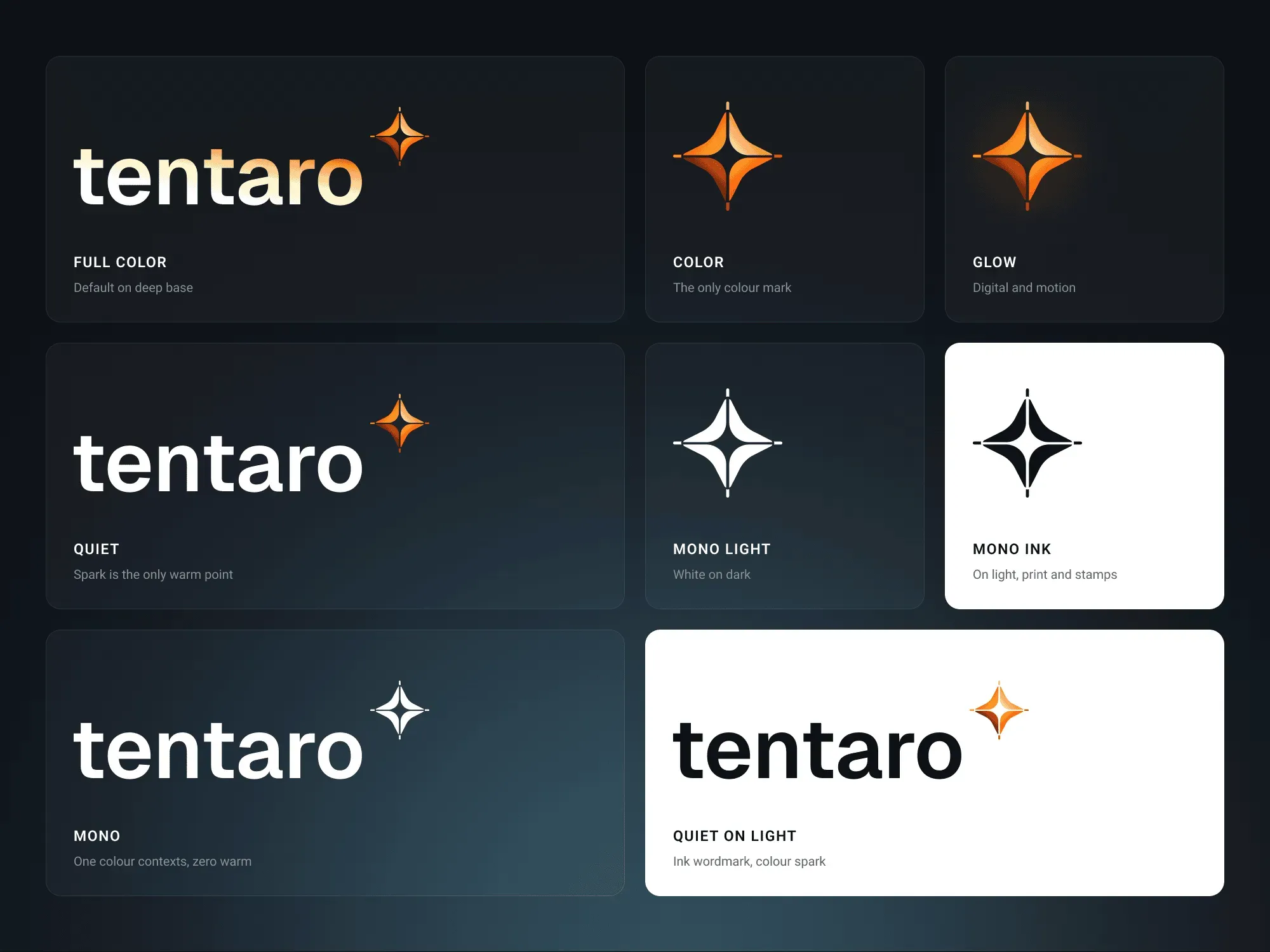 Logo and mark variants on dark and on light: full colour, quiet and mono lockups, and the mark in colour, glow and mono
