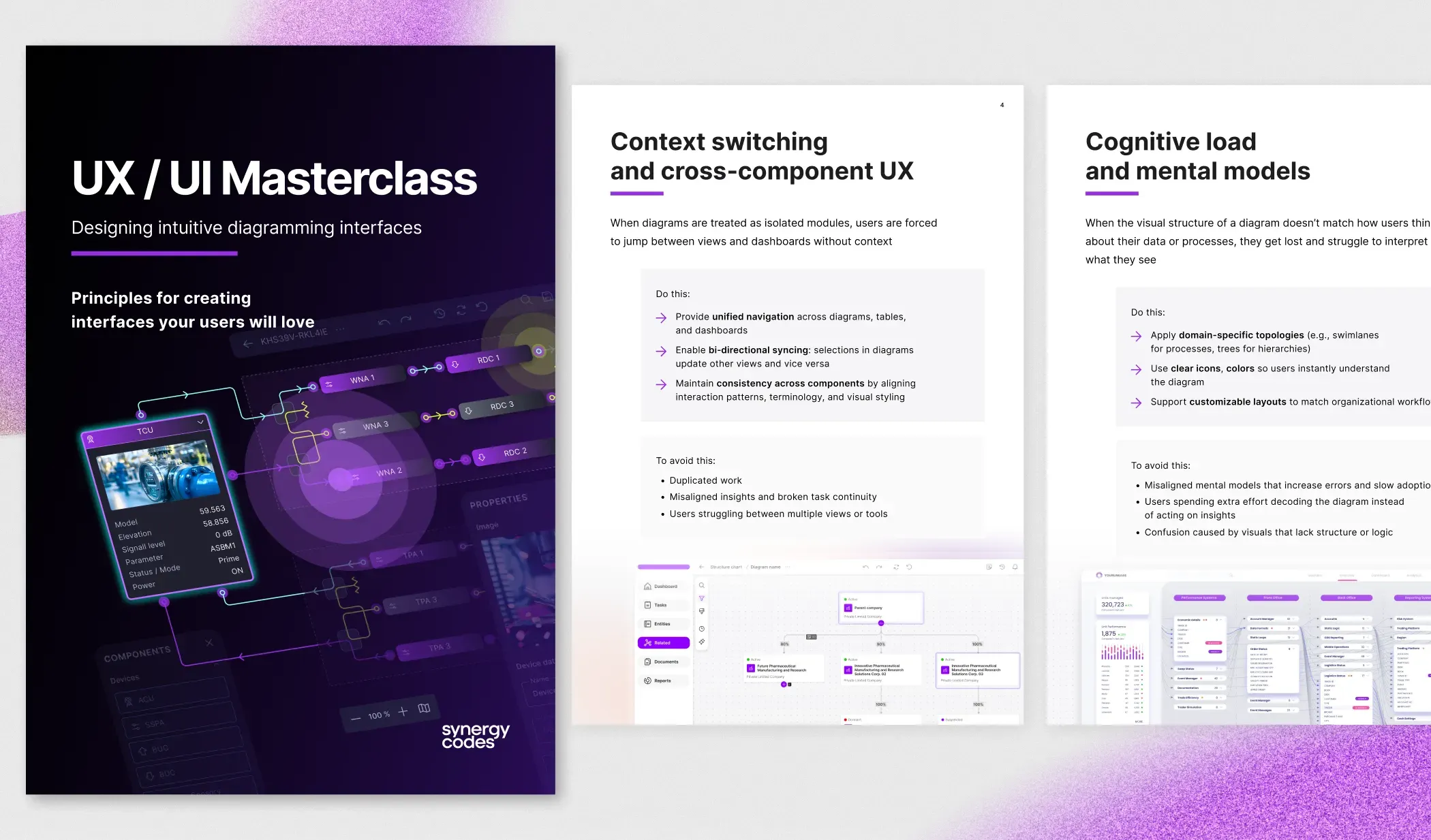 The dark masterclass cover beside two guide pages, "Context switching and cross-component UX" and "Cognitive load and mental models", each ending in an interface mockup