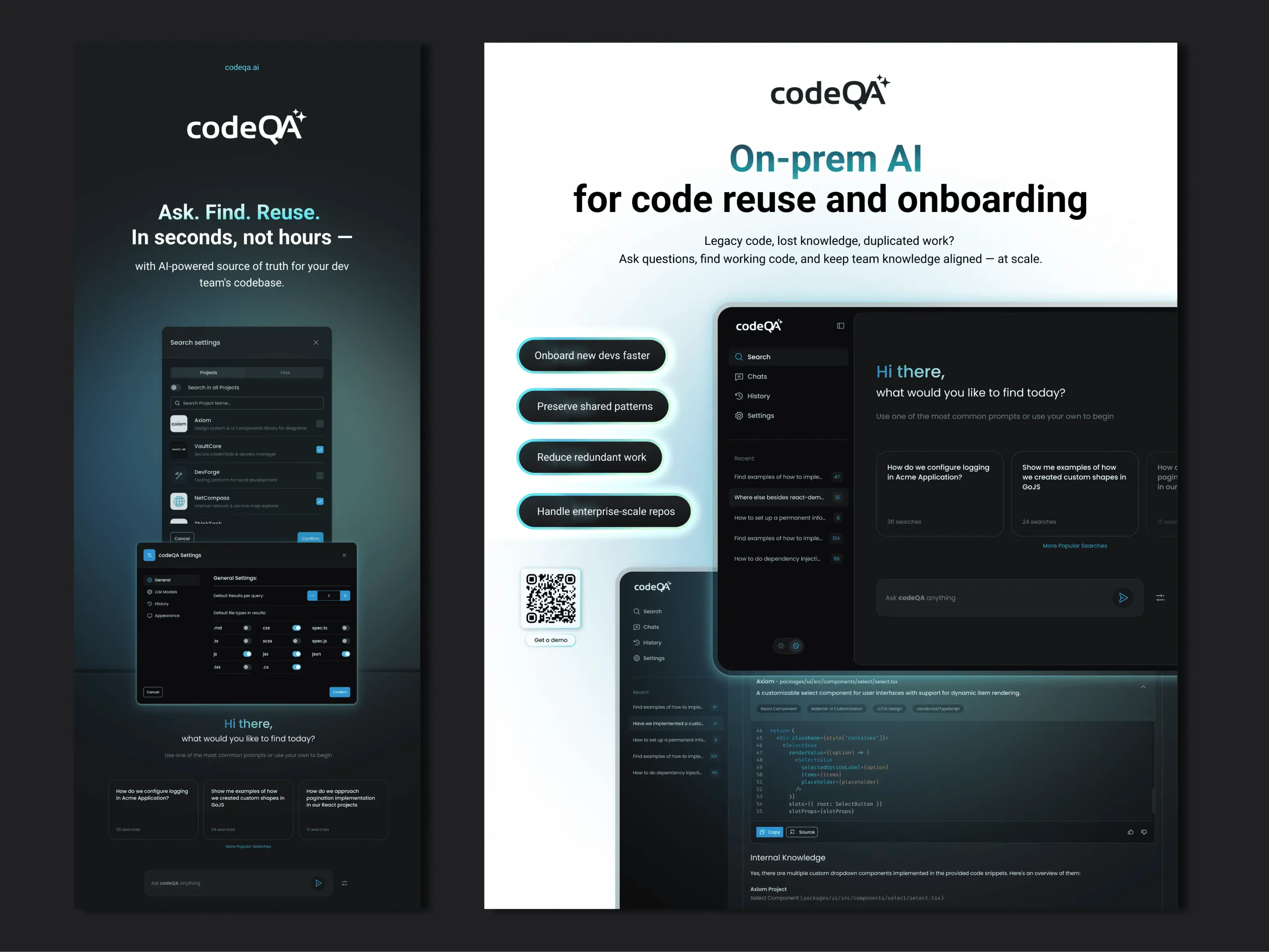 Two lightbox walls side by side: a tall dark teal panel headed "Ask. Find. Reuse." and a white panel reading "On-prem AI for code reuse and onboarding" above app screens