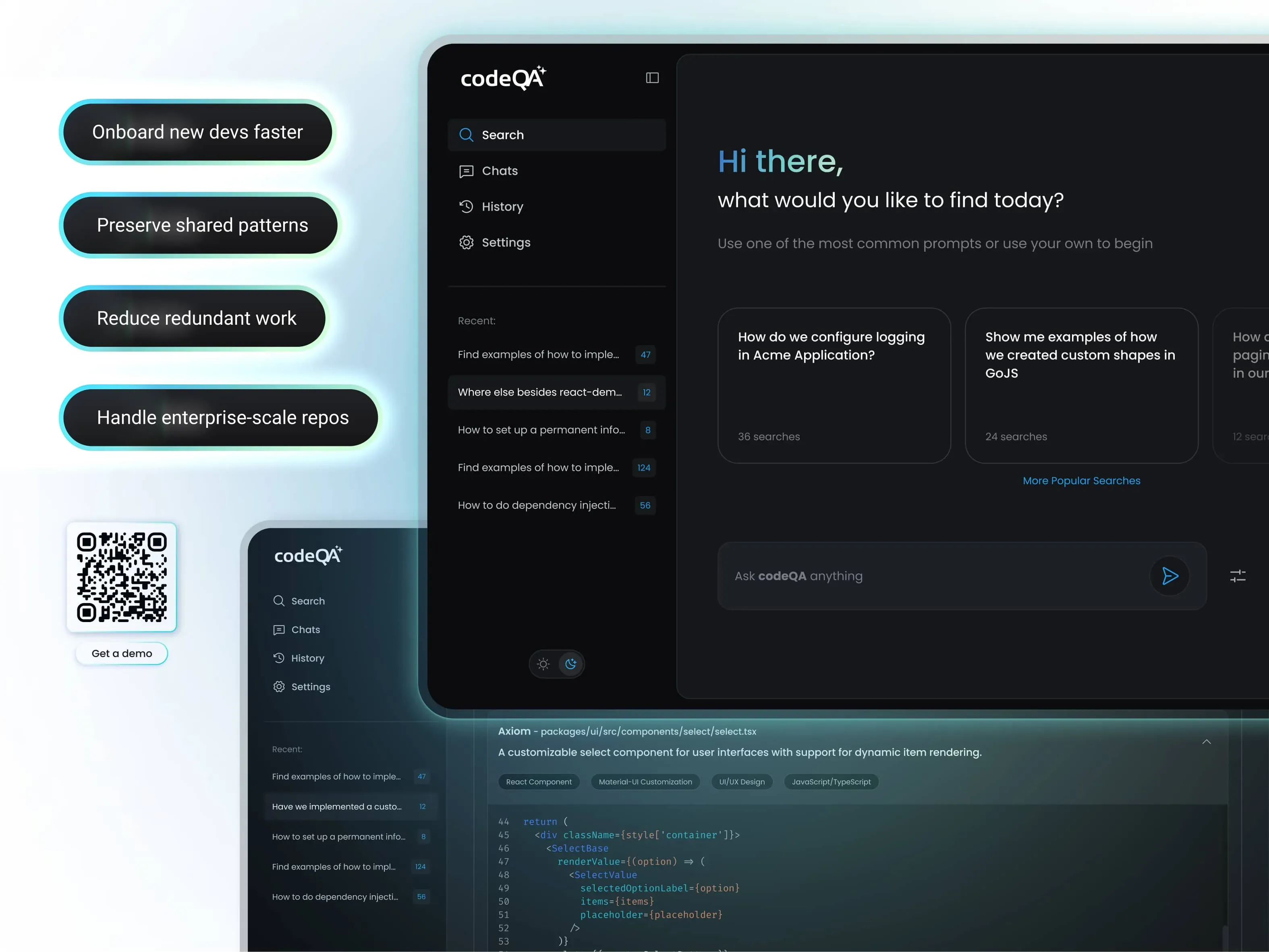 Close-up of the white wall: four glowing pill labels such as "Onboard new devs faster", a QR code with "Get a demo", and dark codeQA app screens with search and code