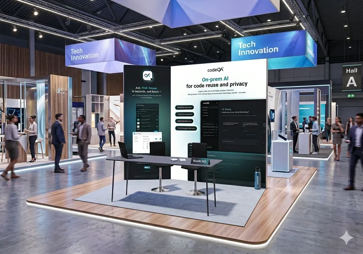 Visualization of the finished booth in a trade show hall: the dark and white walls joined behind a desk and two chairs, with visitors walking past