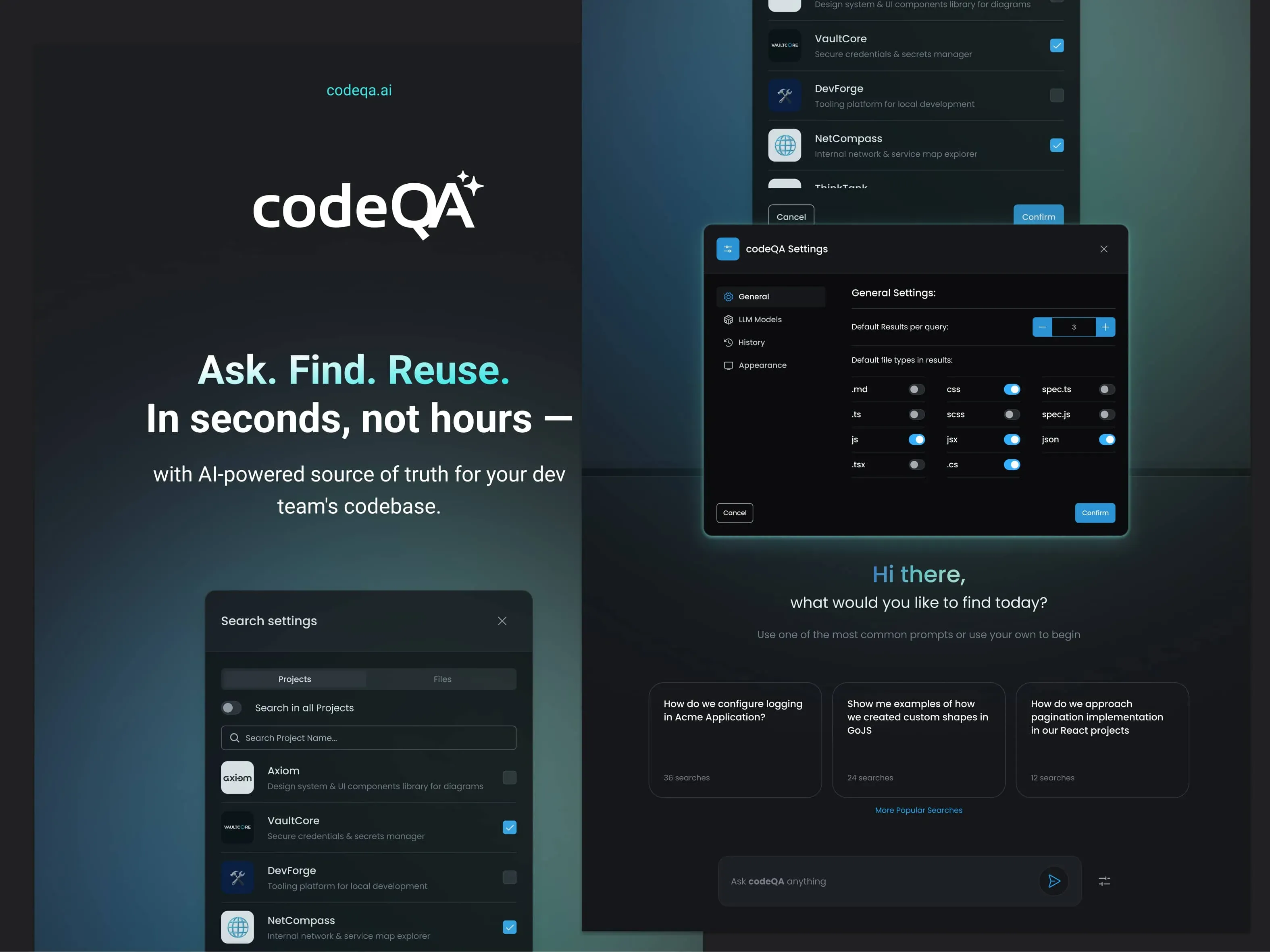 Close-up of the dark teal wall: the codeQA logo, the headline "Ask. Find. Reuse. In seconds, not hours" and floating search settings and app panels below