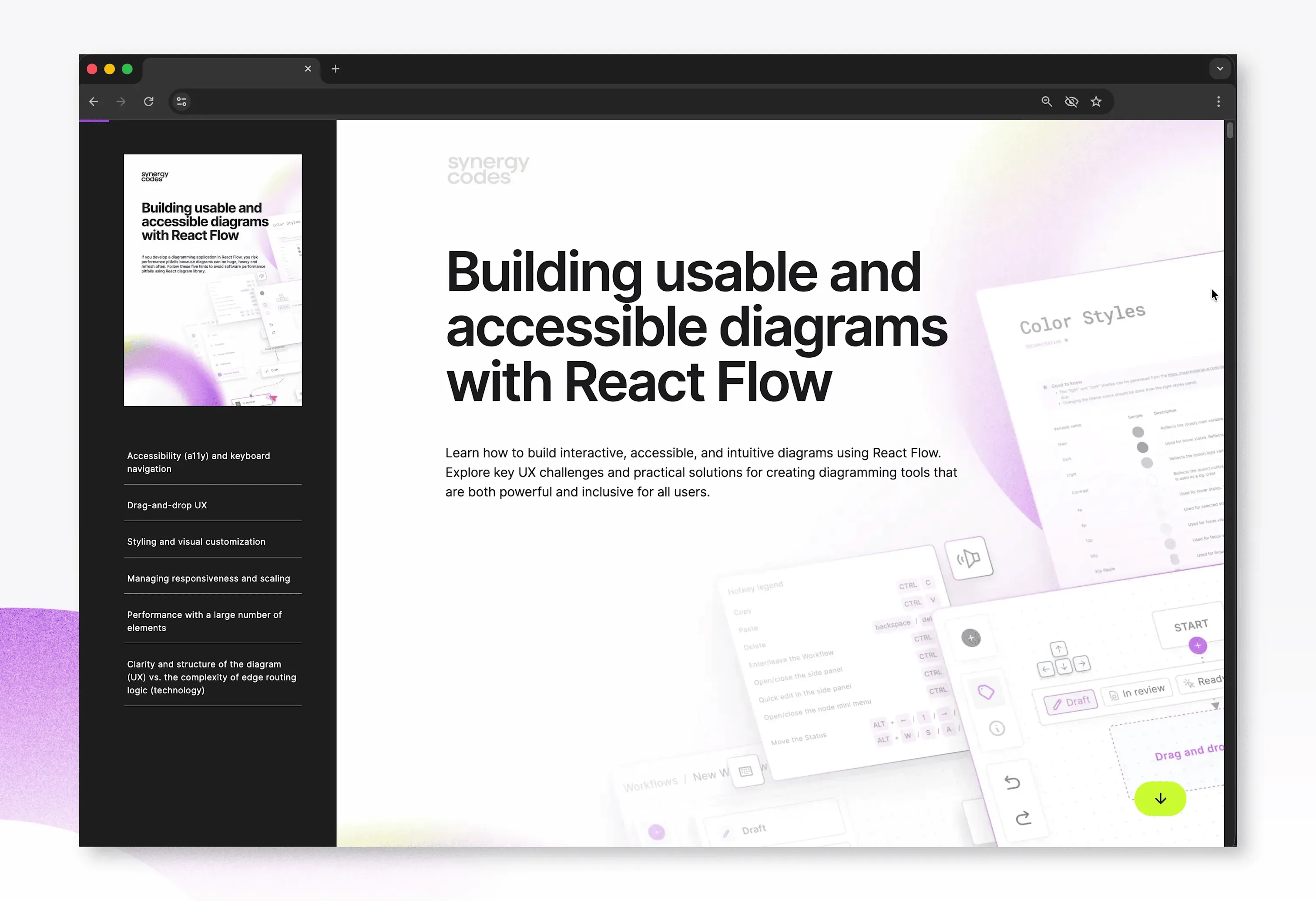 The webbook in a browser: a dark sidebar with cover preview and table of contents, and the title "Building usable and accessible diagrams with React Flow" over soft diagram UI