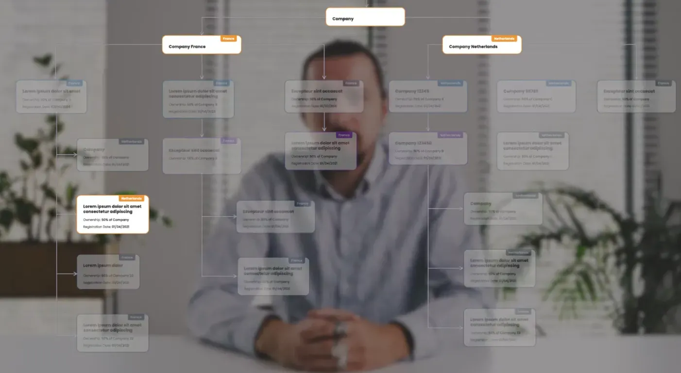 Semi-transparent company org chart with "Company France" and "Company Netherlands" branches laid over a blurred shot of the presenter, one card highlighted in orange