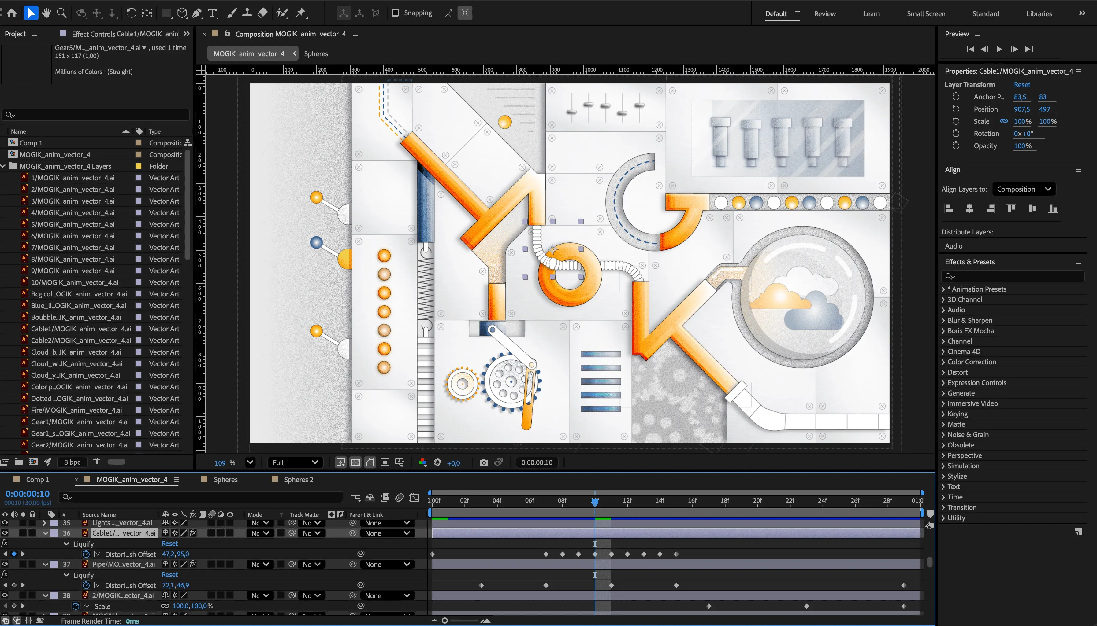 The MOGIK logo animation open in After Effects: orange pipe letters on a grey metal panel in the preview, with layers and keyframes in the timeline below