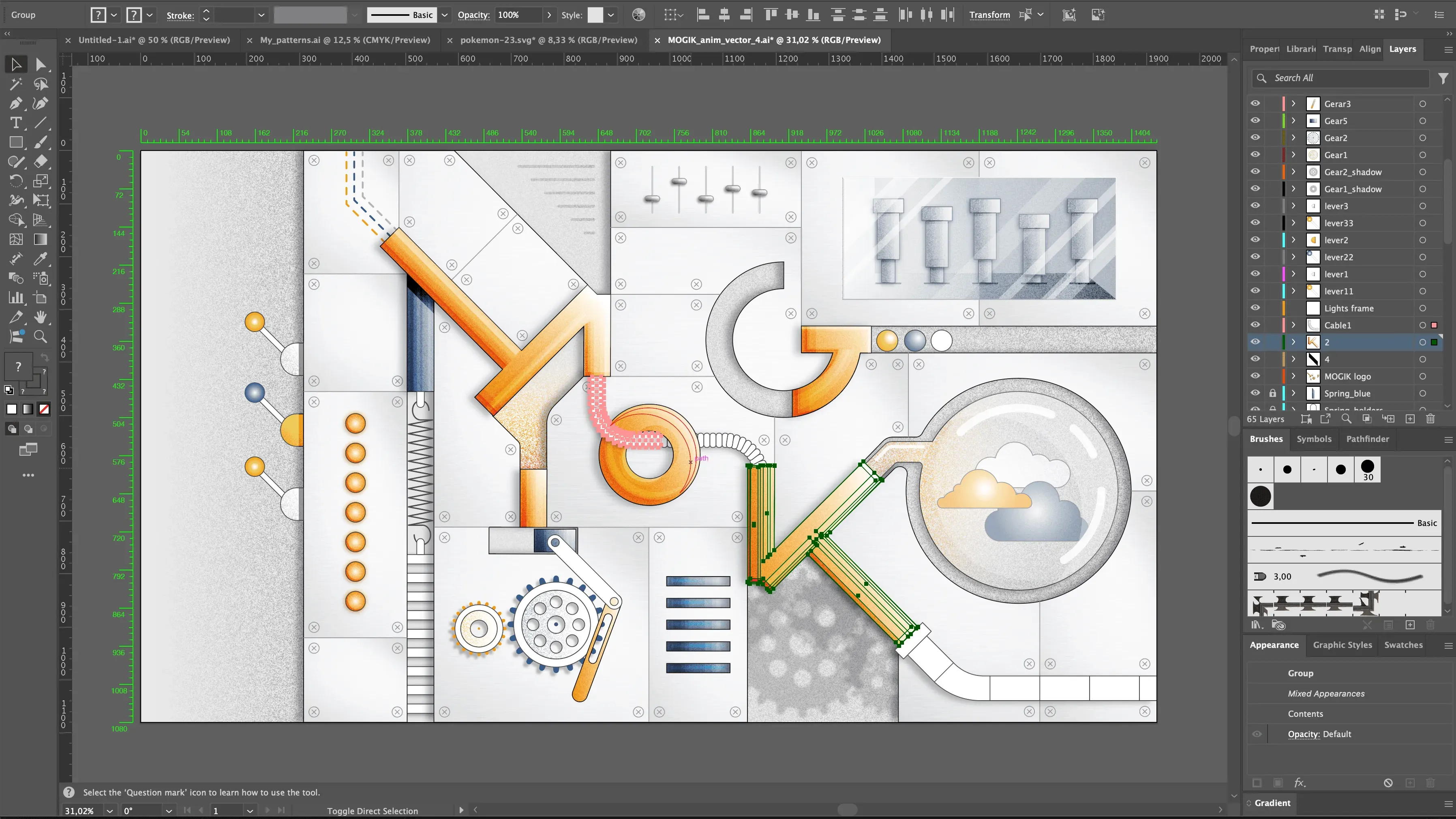 The same MOGIK illustration in Adobe Illustrator, with a selected pipe letter showing its vector points and the long layer list of gears, levers and cables