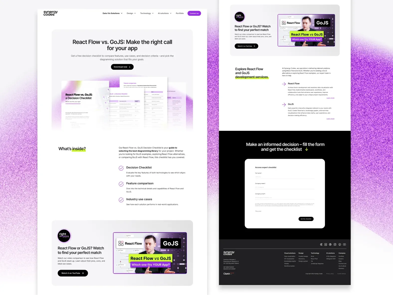 The landing page in two long columns: hero "React Flow vs. GoJS: Make the right call for your app", a "What's inside?" list, a video teaser, services and a black form section