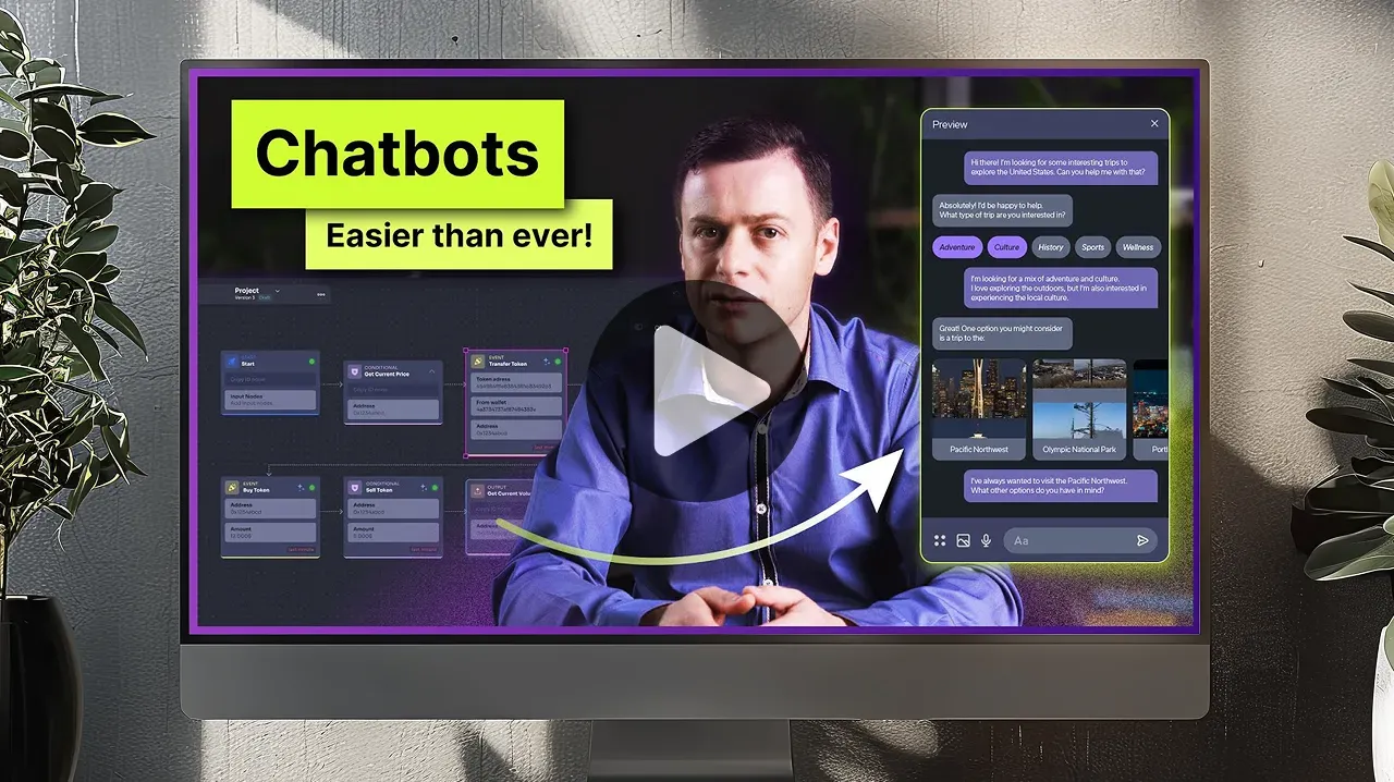 Video thumbnail on a monitor: the presenter in a blue shirt, a lime "Chatbots Easier than ever!" label, a flow diagram on the left and a chatbot preview window on the right