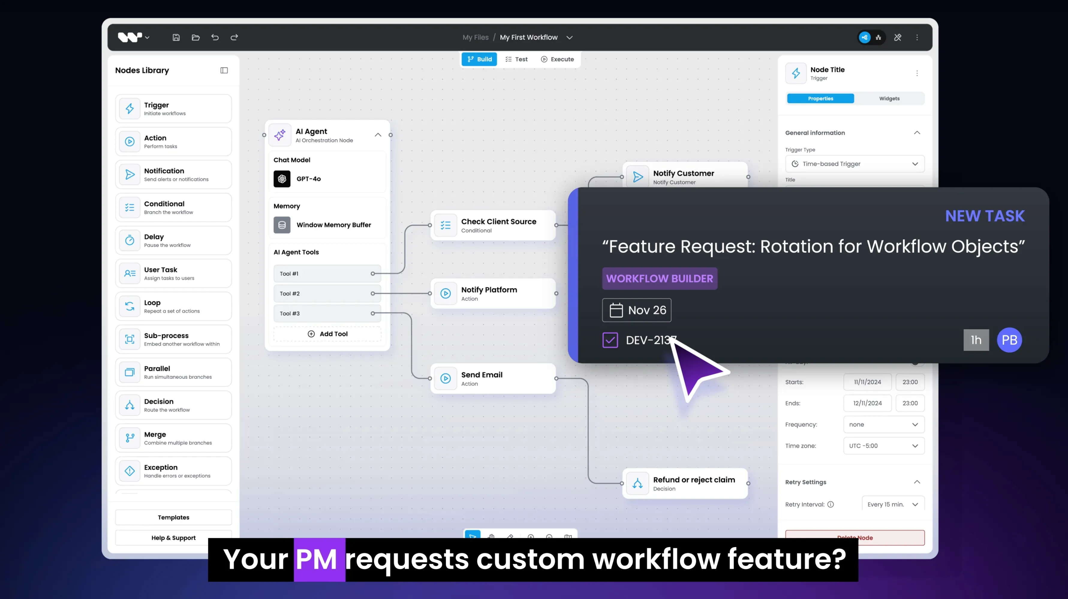A frame from the ad: a workflow editor with a node library and connected nodes, a dark task card reading "New task" over it, and the caption "Your PM requests custom workflow feature?"