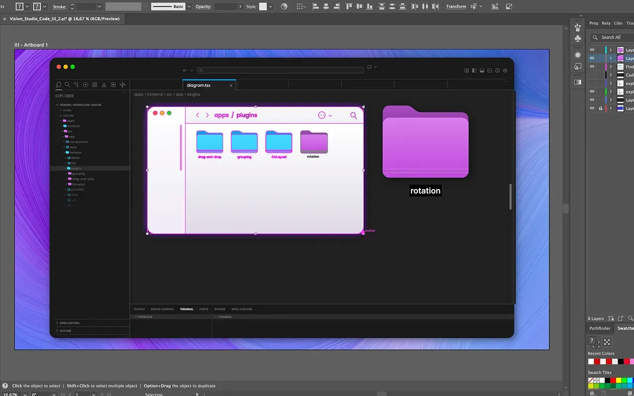 An Illustrator artboard with a dark code editor mockup on a purple background: a light file window with plugin folders and a large purple folder labelled "rotation"