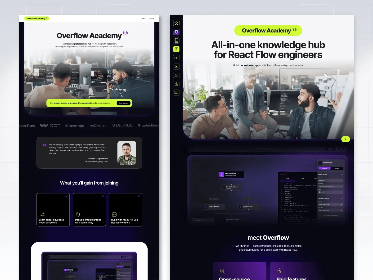 The marketing page and the academy hub side by side, both opening with an office team photo, followed by a quote, benefit tiles, a workflow editor preview and "meet Overflow"