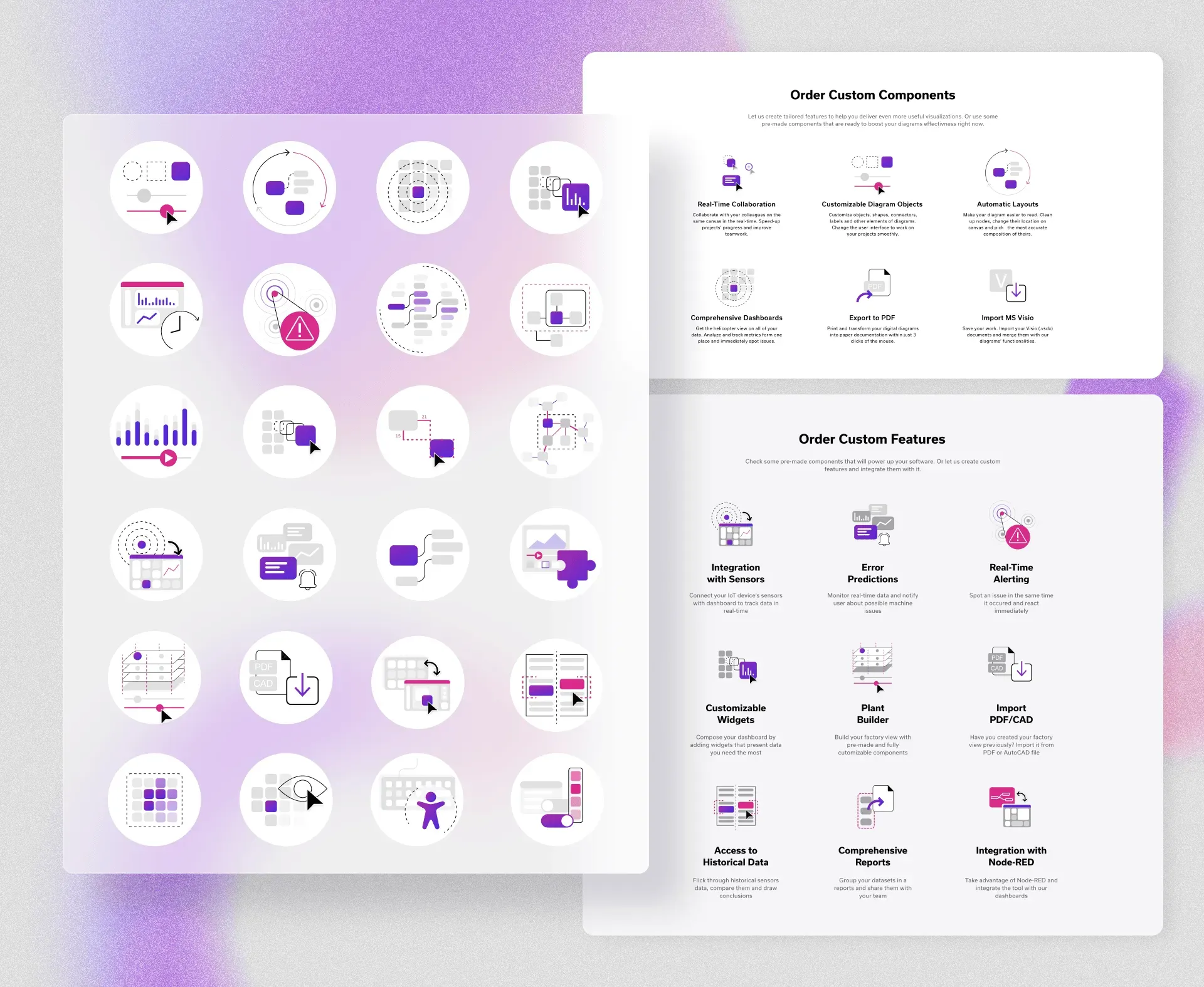 Twenty-four round feature illustrations in purple, magenta and grey next to two sections, "Order Custom Components" and "Order Custom Features", where they appear as icons