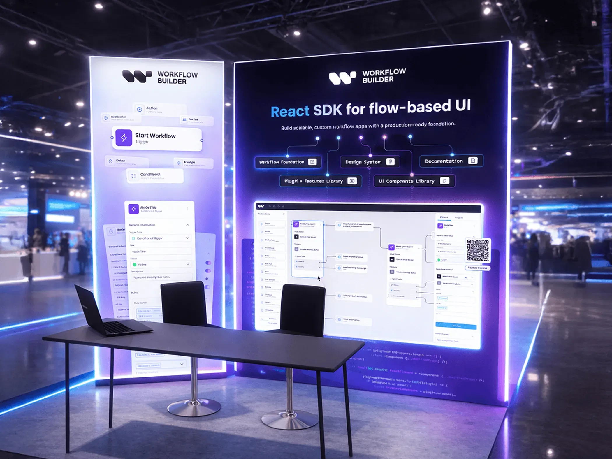 The two backlit panels at the booth behind a table and chairs: a light panel with workflow nodes and a dark one headed "React SDK for flow-based UI"