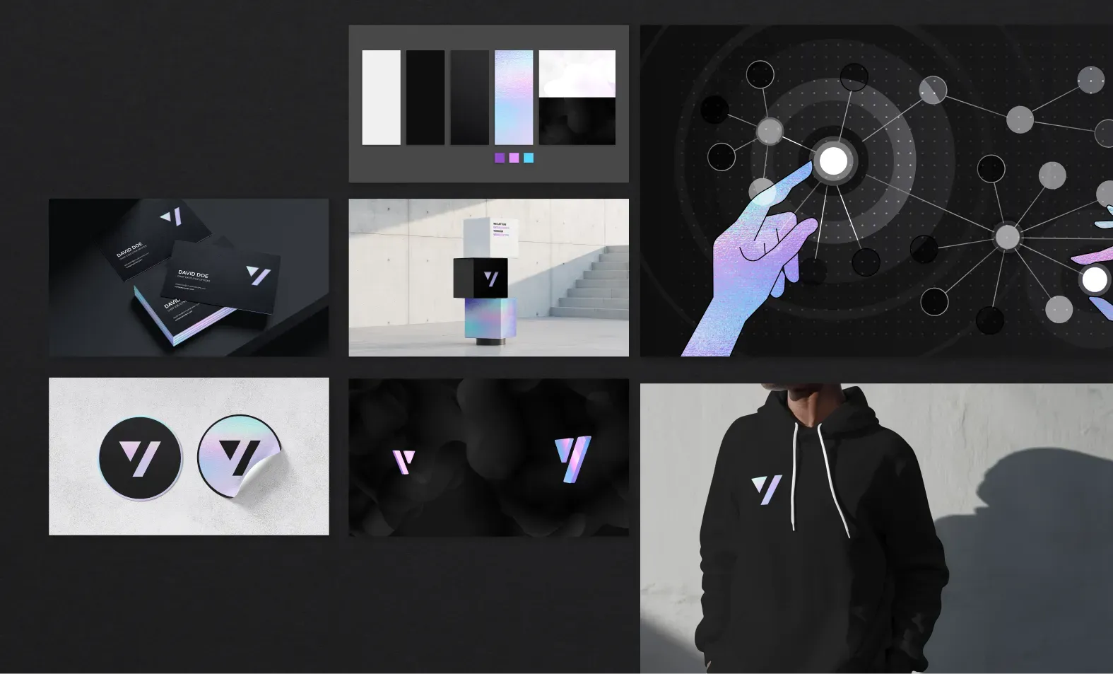 A grid of brand applications on charcoal: color and material swatches, black business cards, stacked cubes in a concrete space, stickers, logo marks, an iridescent hands illustration and a black hoodie