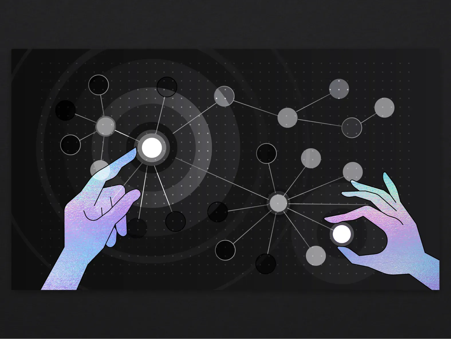 An illustration of two iridescent hands touching glowing white nodes in a grey network of connected circles on a dark dotted background