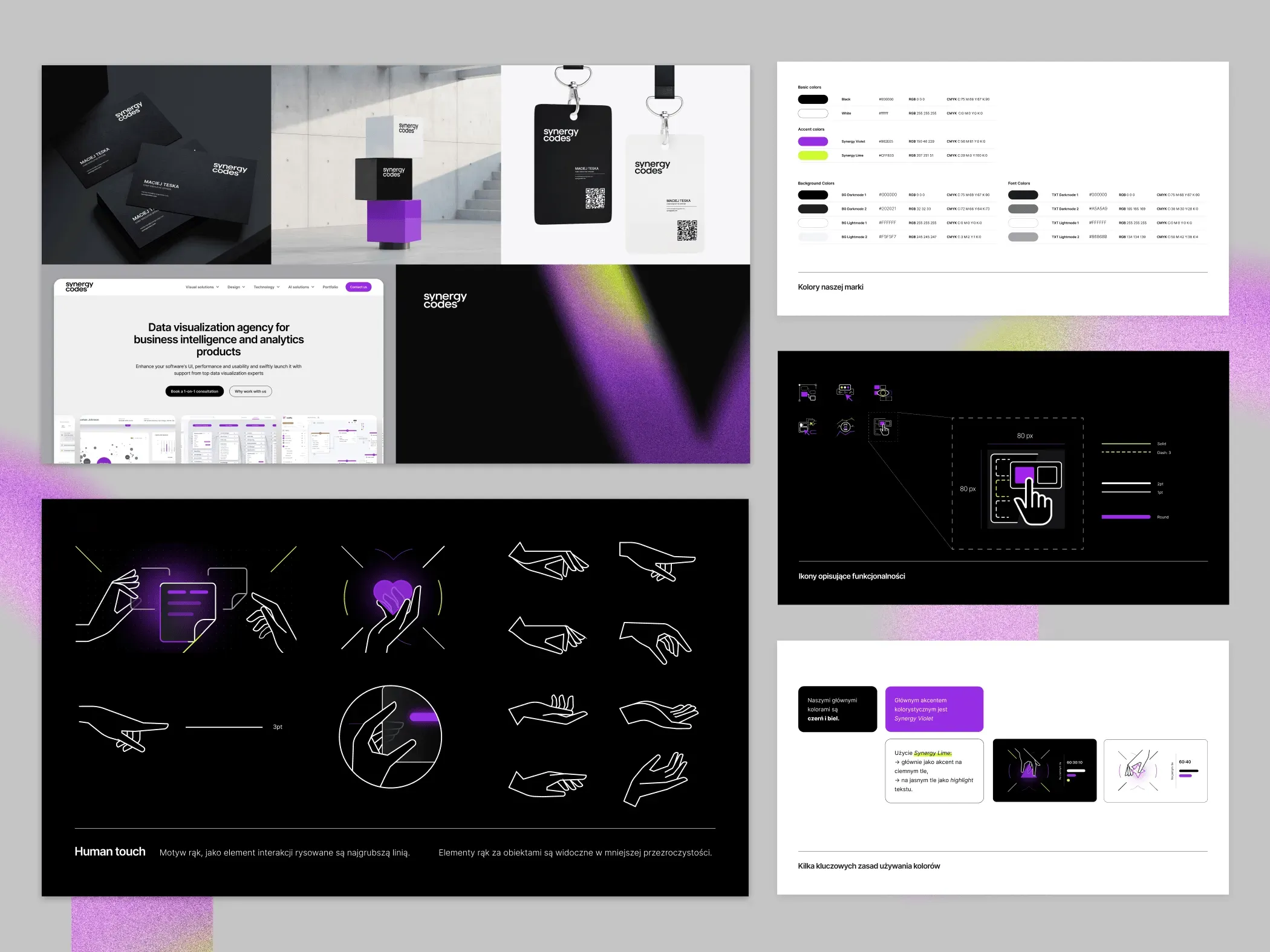 Overview of the rebrand: business cards, cubes and badges, the website hero, a purple key visual, color tables, icon specs and a sheet of line drawn hand illustrations