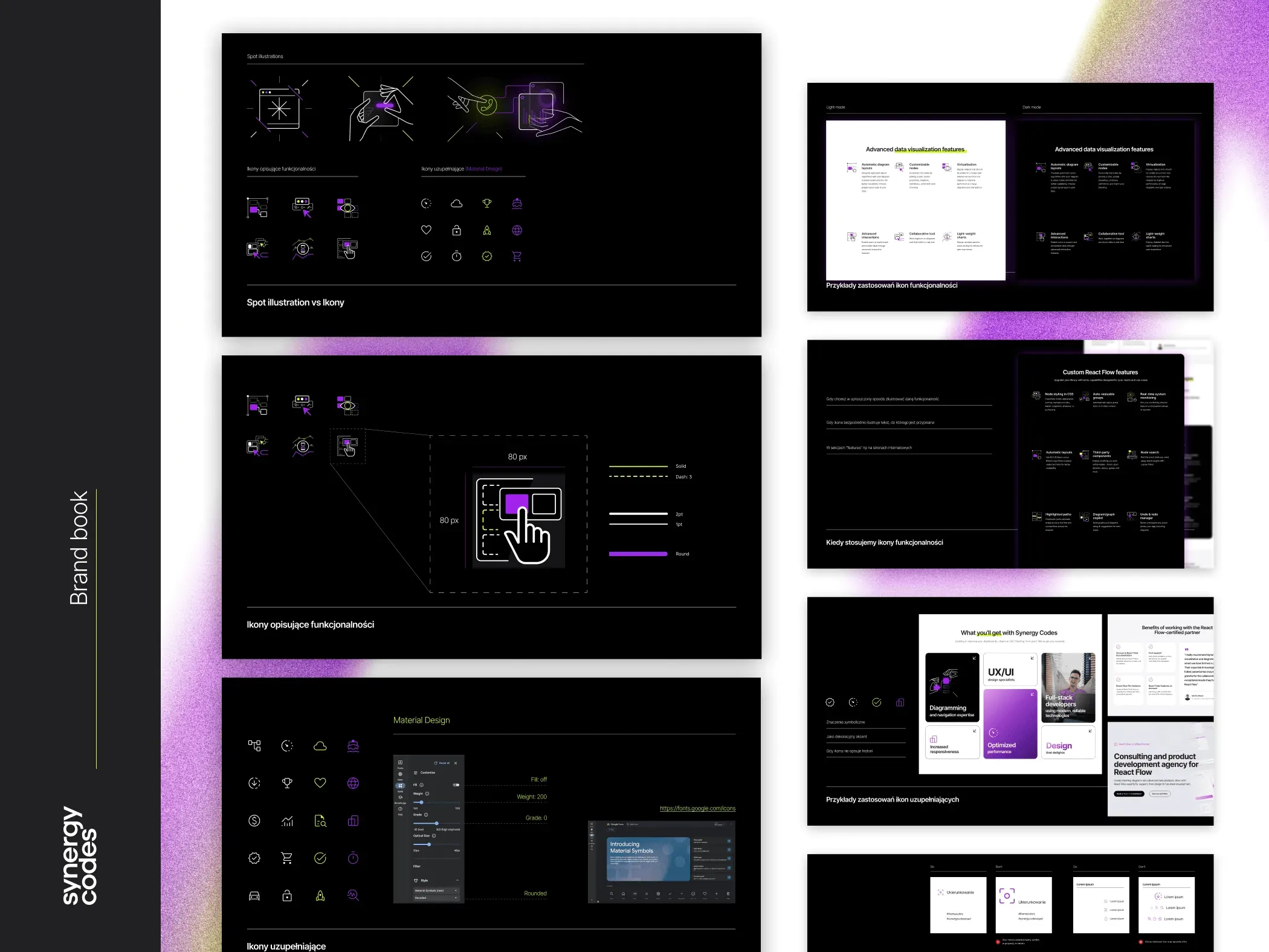 Brand book pages on icons: spot illustrations versus icons, an 80 px functional icon on a grid, Material Design icons, and examples of icons used on web pages