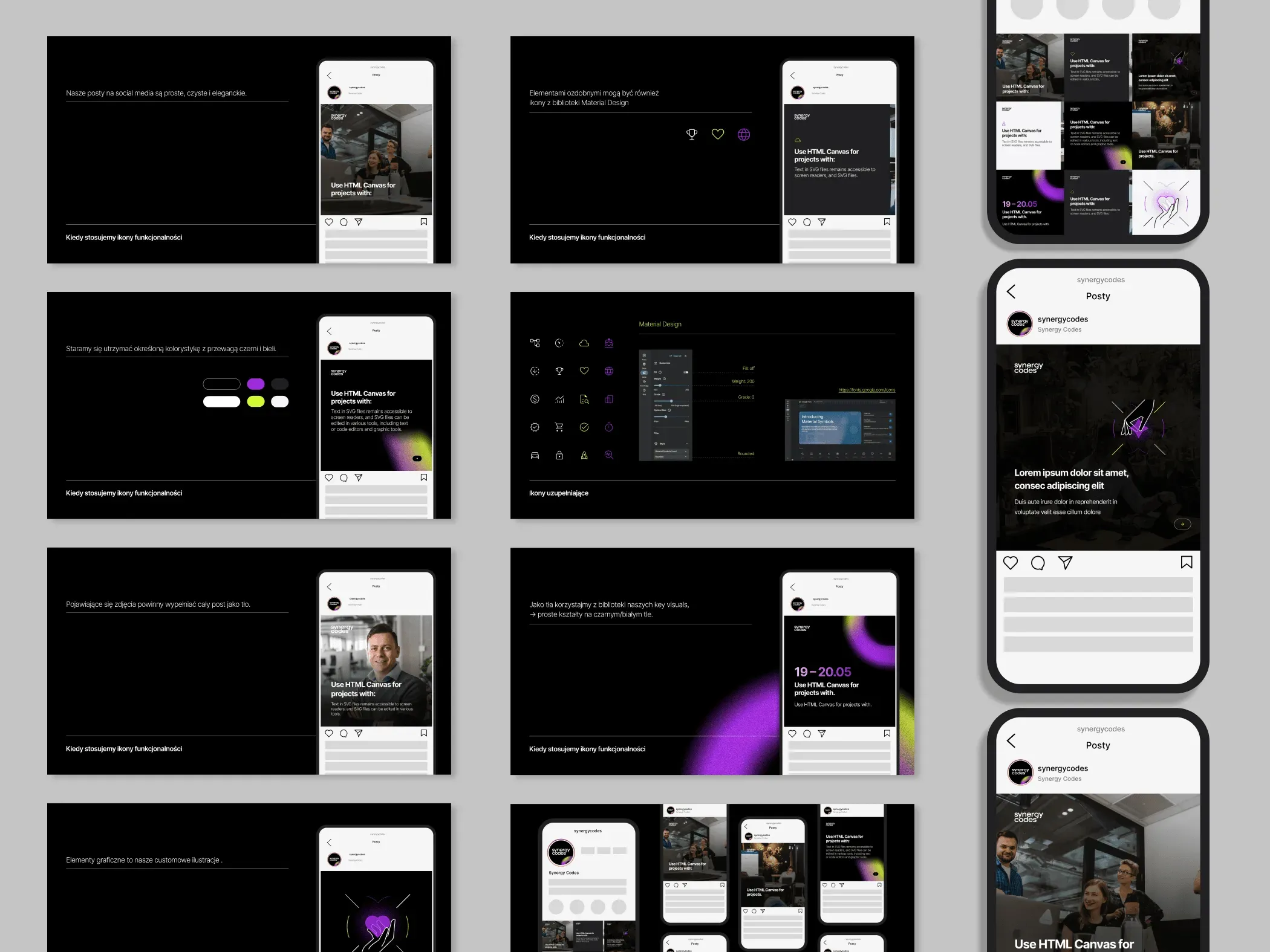 Brand book pages explaining the social media rules, each set beside an Instagram post mockup, with phone mockups of the profile and posts on the right