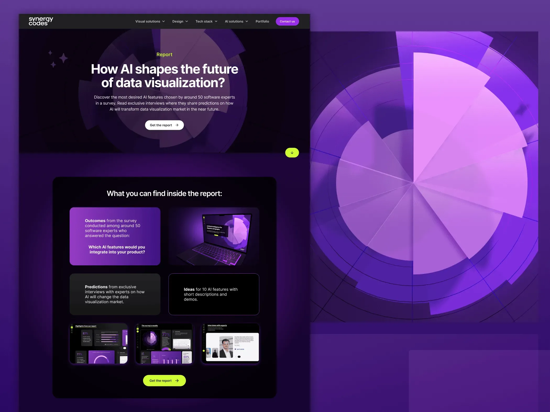 Landing page hero "How AI shapes the future of data visualization?" over a purple radial chart, with a report contents grid below and a large close-up of the radial form beside it
