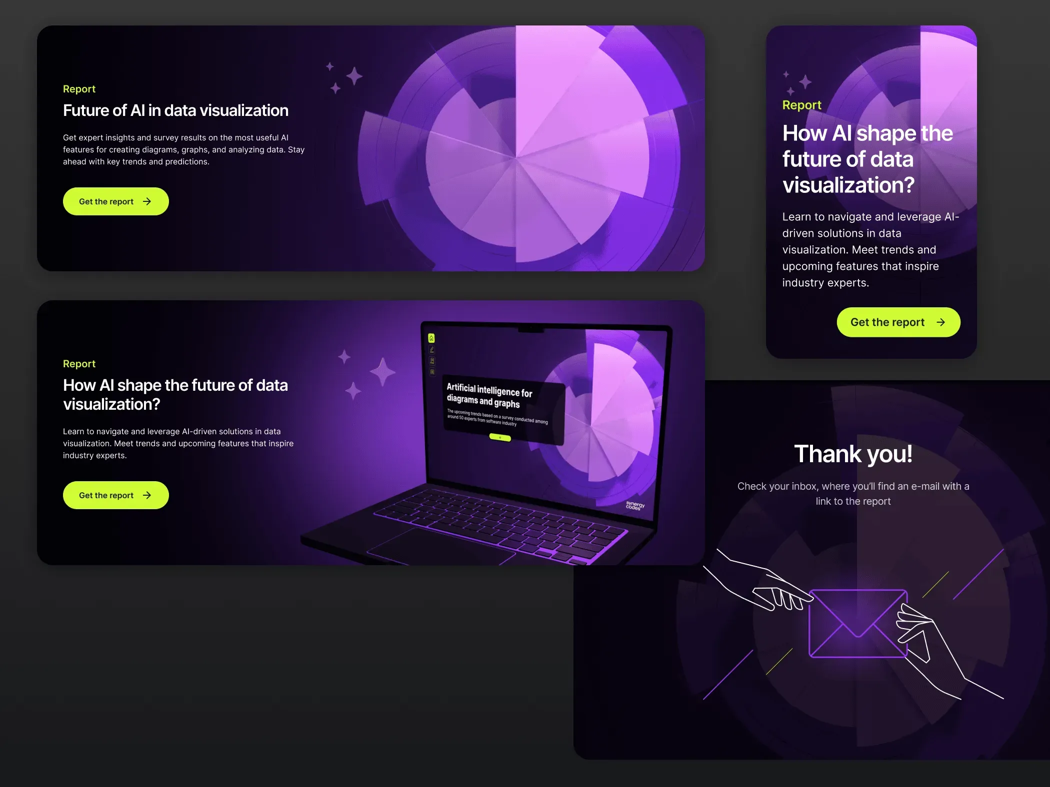 Campaign banners in dark purple with the radial data form and lime "Get the report" buttons, one with a laptop showing the report, plus a "Thank you!" screen with a hand-drawn envelope