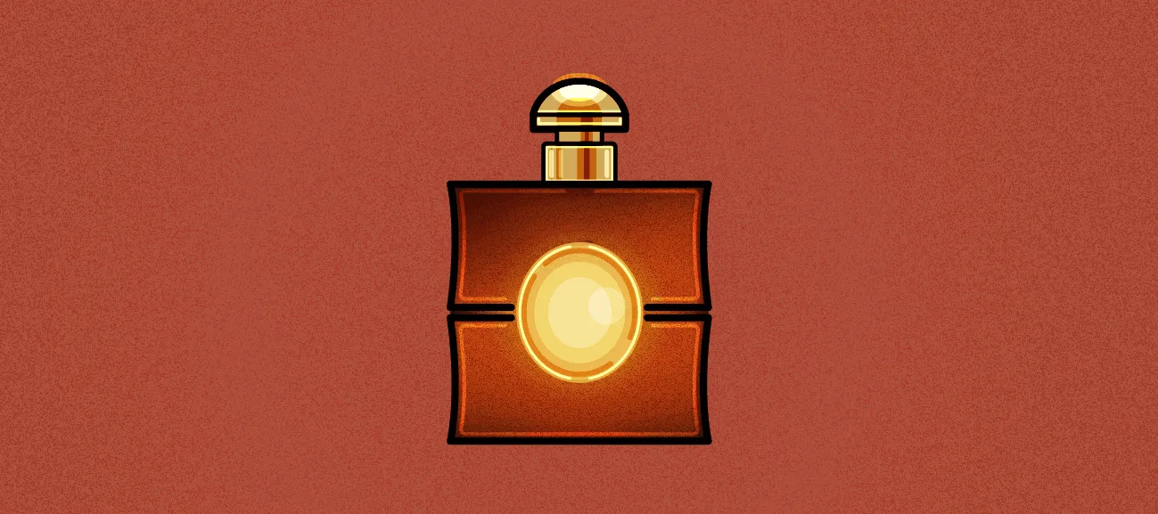 A Yves Saint Laurent Opium style bottle in deep orange red with a glowing gold circle and a gold cap, on a brick red background