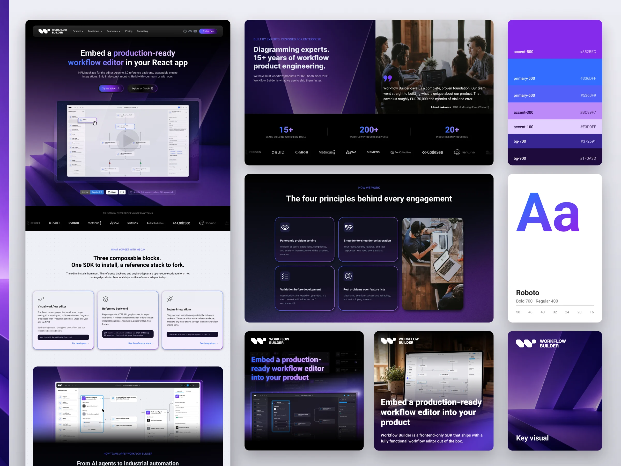 Workflow Builder website and brand system: pages, key visuals, colors and typography